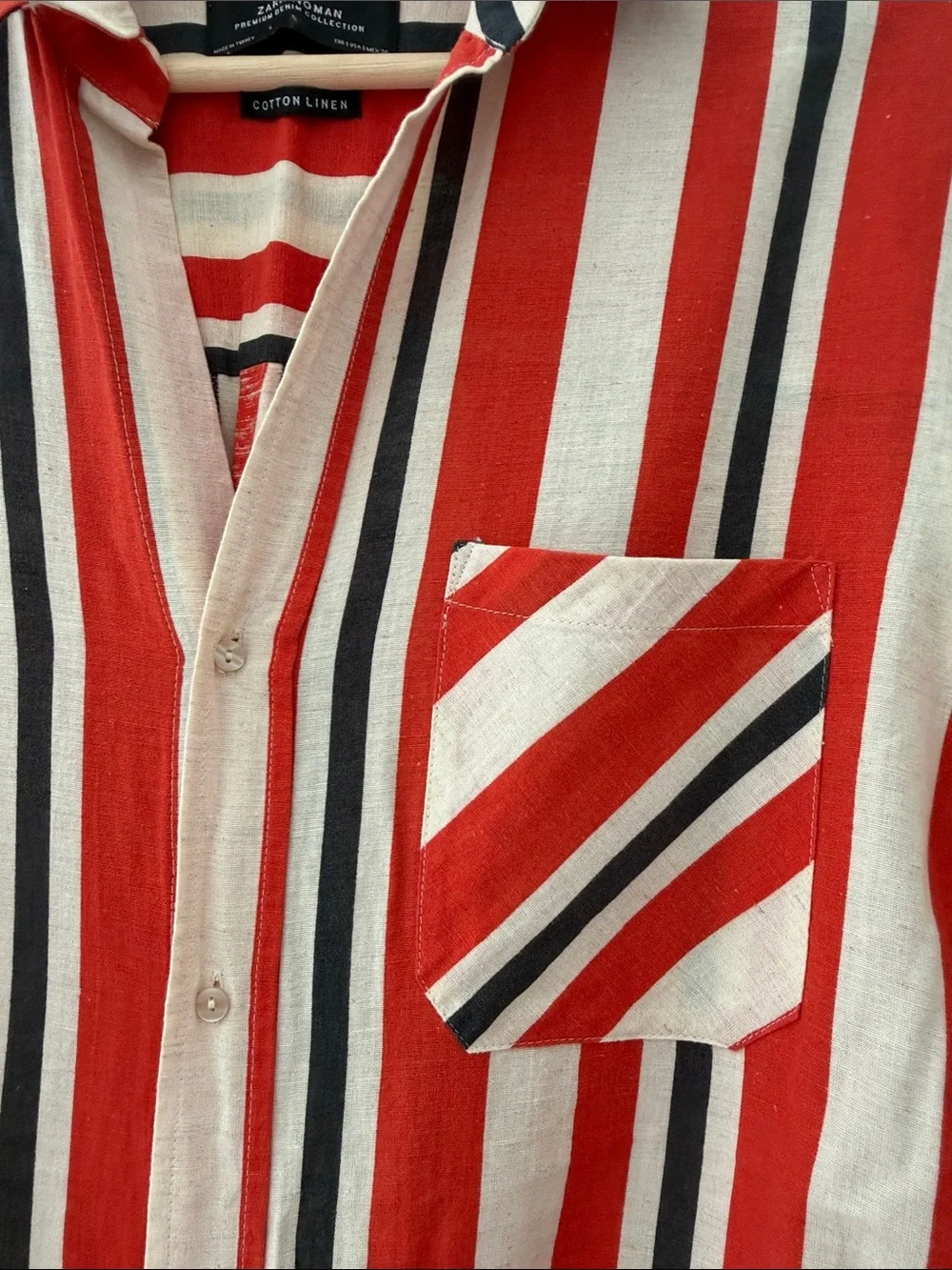 Zara Red Cream and Navy Striped Button-Down Shirt